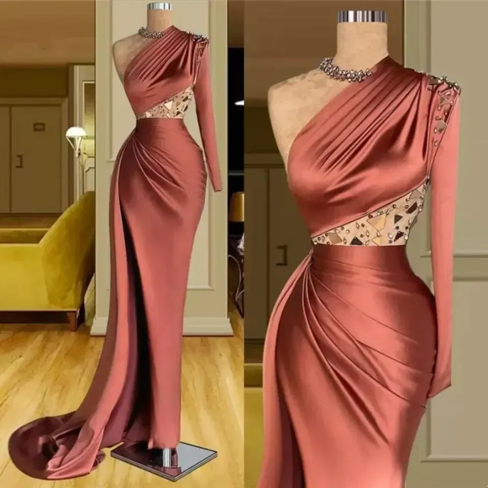 Sexy Arabic Dubai Evening Dresses Wear One Shoulder Crystal Beads Long Sleeve Plus Size Party Prom Gowns Sheath Side Split Cutaway Sides Floor Length BC12317