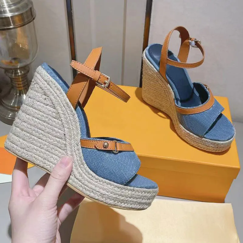 12 cm helios kilsandaler nya kvinnliga plattform klackar designer skor blå denim sommar strand sandal flätat rep ensam mode brev tryckning duk läder 35-24