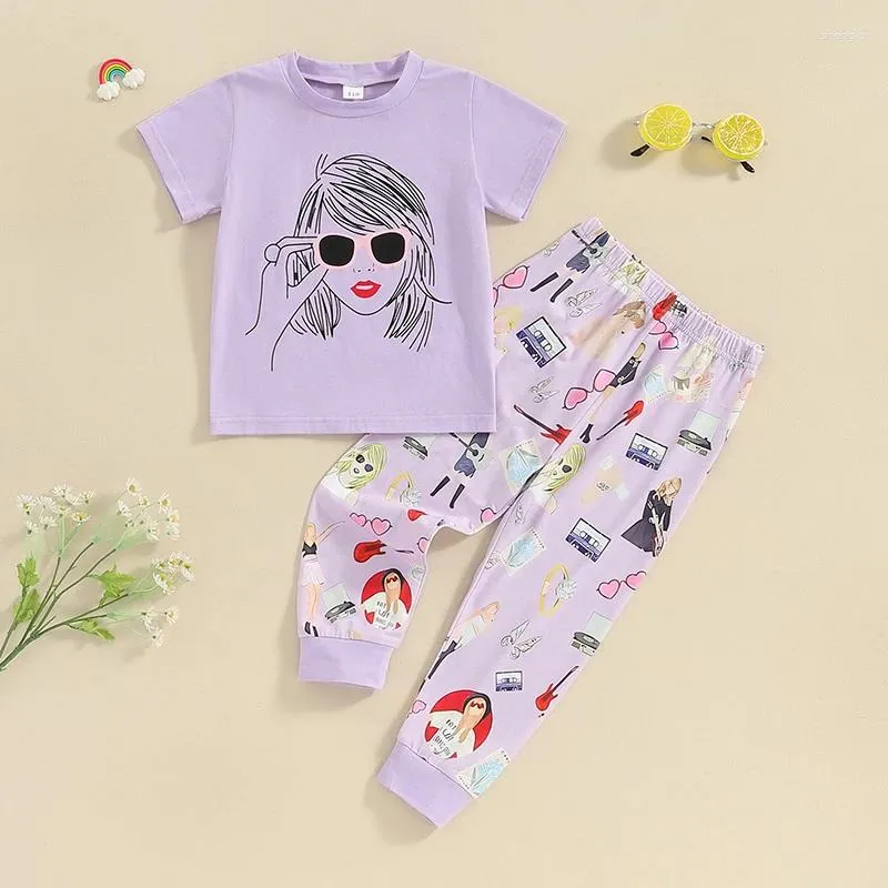 Ensemble de vêtements pour enfants Girls Summer Summer Crew Neck Couper T-shirts à manches courtes Pantalons longs de taille élastique 2pcs