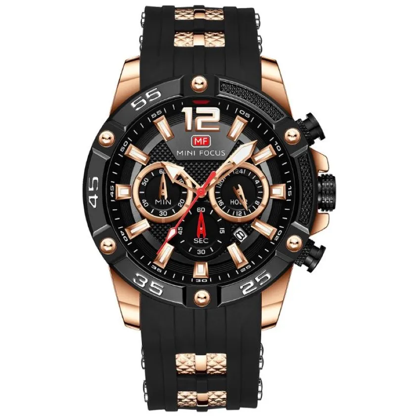 Mini Focus 0349G Çok Fonksiyonlu Aydınlık Dial Quartz Mens Saatler Günlük İzle Silikon Bant Kolluluğu Çalışan Subdials3002