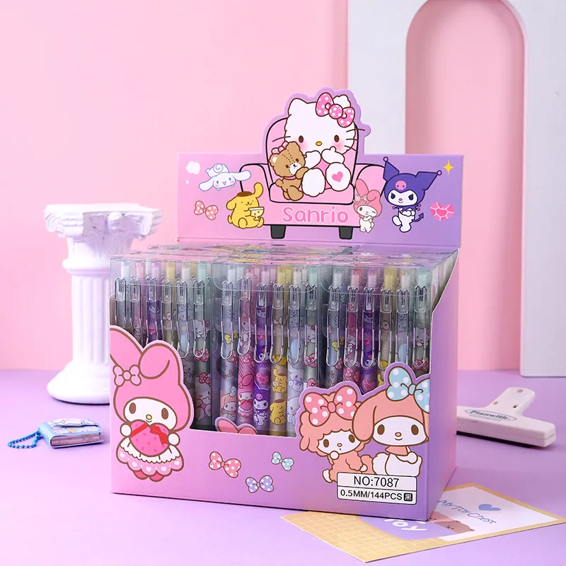 12 pièces/lot crochet en métal stylo à encre noire dessin animé chat Kuromi cannelle mélodie Kawaii étudiant écriture stylos neutres papeterie bureau fournitures scolaires cadeaux 3053