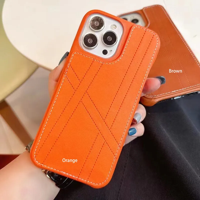 iPhone 15 Pro Max Designer Letter Phone Case for Apple 14 13 Mini 12 11 XS XR 8 7 Plus Luxury PU Leather Embossed Road Pattern Mobile Back Bumper Cover Coque Fundas Orange