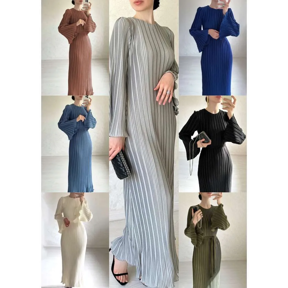 Bell Sleeve Midlength Dress European and American Fashion 2024 Spring New Long Kirt Temperament Pleated FZ030480