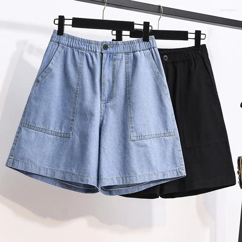 Calças femininas cintura alta denim perna larga cinco pontos verão estilo coreano retro cor sólida grande bolso simples solto plus size