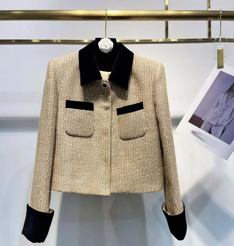 Vestes pour femmes, couleur contrastée, velours, Patchwork, manteaux courts en Tweed, poches, boutons couverts, veste élégante