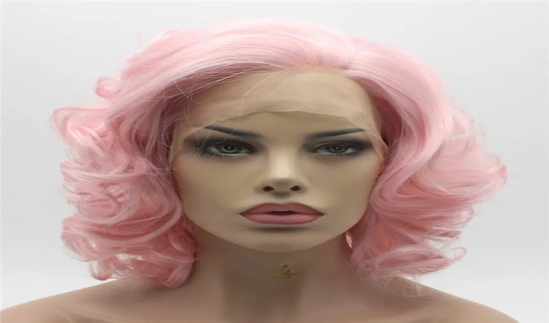 Iwona Hair Wavy Short Pink Wig 243100B Half Hand Tied Heat Resistant Synthetic Lace Front Wig1838568