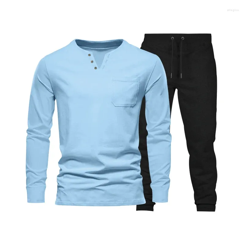 Herren-Trainingsanzüge, Herren-Hosen-Sets, V-Ausschnitt, einfarbig, Kordelzug, lässig, Polyester-Set, niedriger Preis für Herren