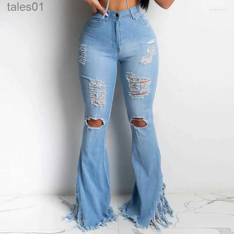 Jean femme jean Sexy Denim pantalon évasé genou coupe trou détruit botte pantalon jambe large cloche bas mode 240304