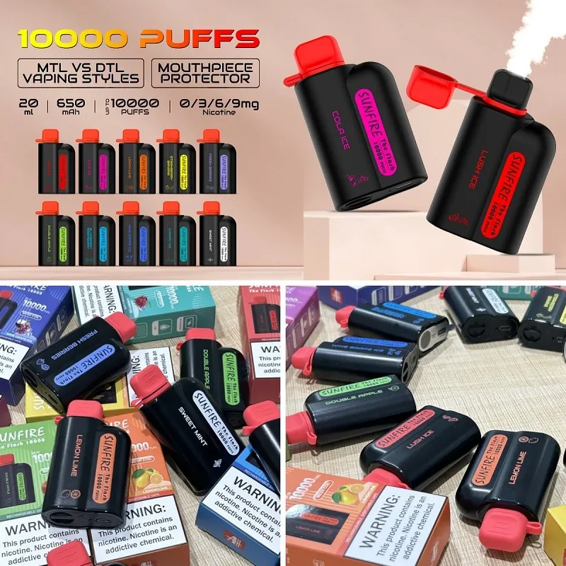 Sunfire Bar 10000 Puffs Dtl (directement aux poumons) Rdl Vape jetable E cigarette avec boîte cadeau rechargeable 650mAh 10000 Puff Vaper stylo électrique jetable Maroc Canada