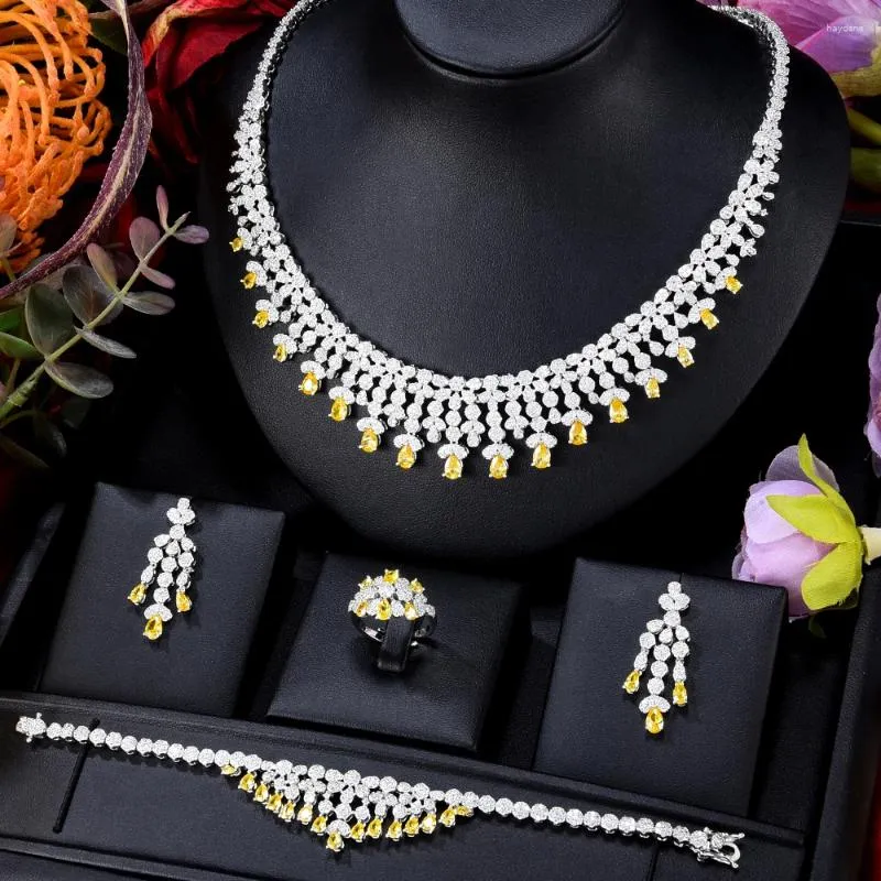 GODKI – ensemble de boucles d'oreilles et collier pour femmes, 3 couches, tendance, pour fête de mariage, Zircon CZ, bijoux de mariée africaine dubaï, danse