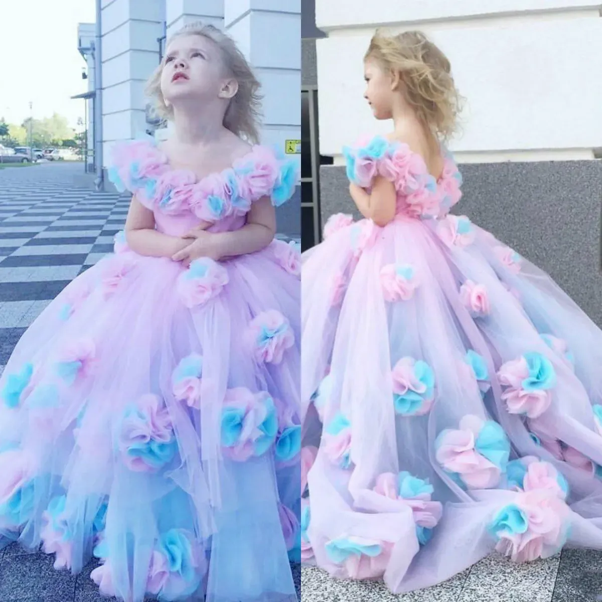 2024 귀여운 볼 가운 꽃 소녀 드레스 주름을 결합한 화려한 손으로 만든 꽃 아기 대회 가운을 맞춤형 첫 공동 파티 웨딩 웨딩