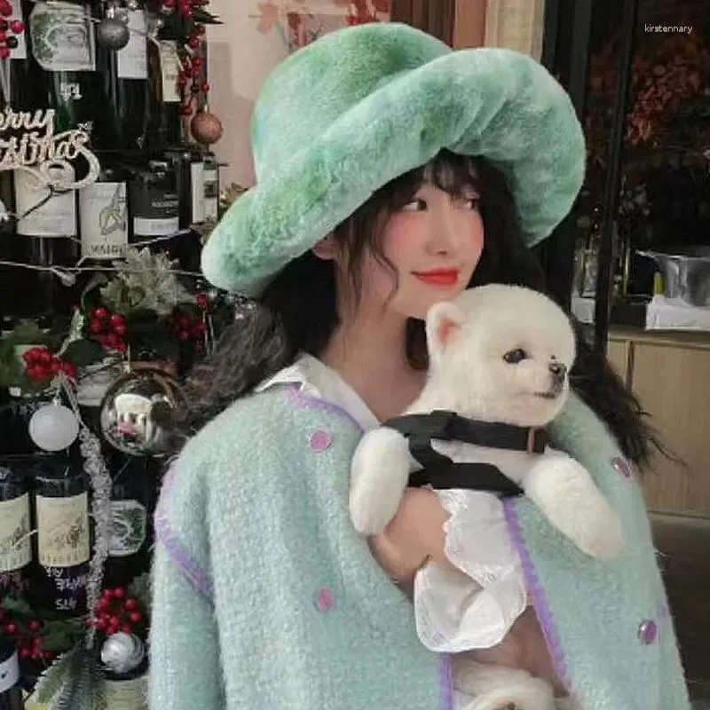BERETS Y2K 일본어 대형 봉제 푹신한 버킷 모자 여성 가을 ​​겨울 큰 따뜻한 구름 어부 여성 가짜 모피 분지