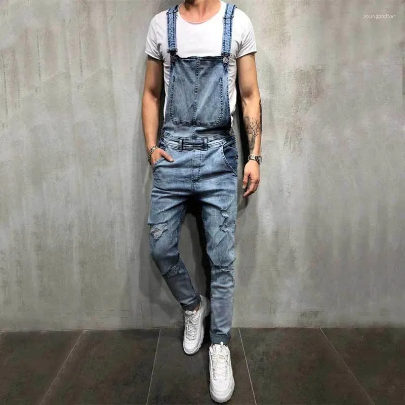 Men's Jeans Men Motorcycle Slim Ripped Distressed Solid Bib Overalls Jumpsuits Stylish Male Biker Strap Denim Pants