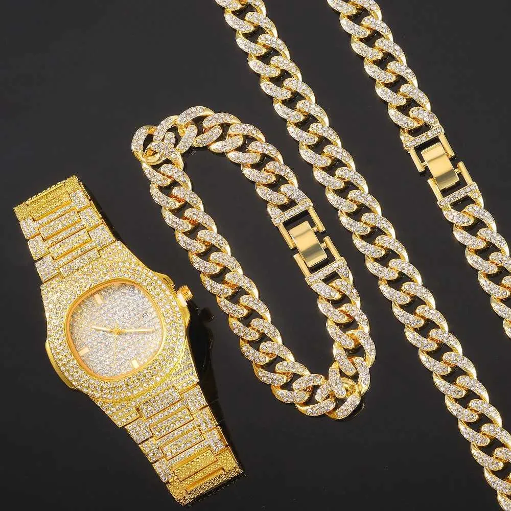 Strands Necklace Watch Armband 3st Kit Hip Hop Miami Curb Cuban Chain Gold Full Iced Out Paled Rhinestones CZ Bling For Men smycken 230613