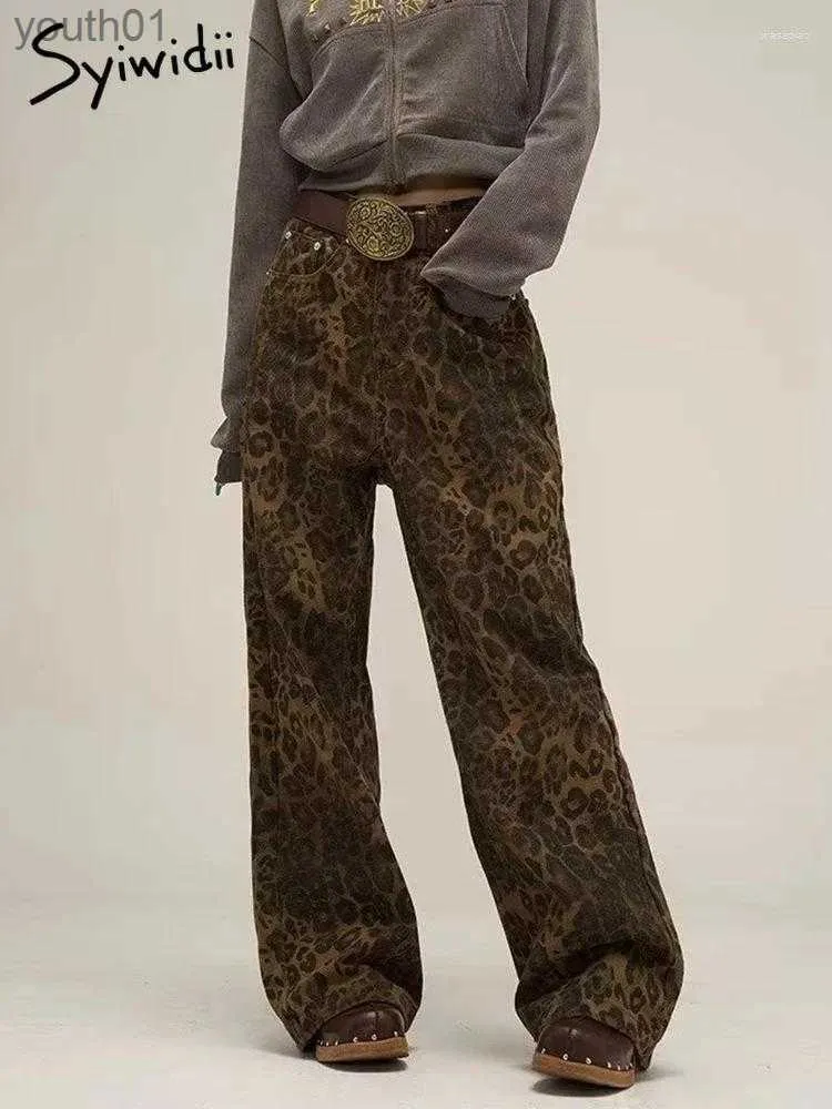 Damesjeans Damesjeans Syiwidii Y2k Luipaardprint Dames Oversized denim broek met wijde pijpen Street chic Hip Hop Vintage Loose Baggy Designer 240304
