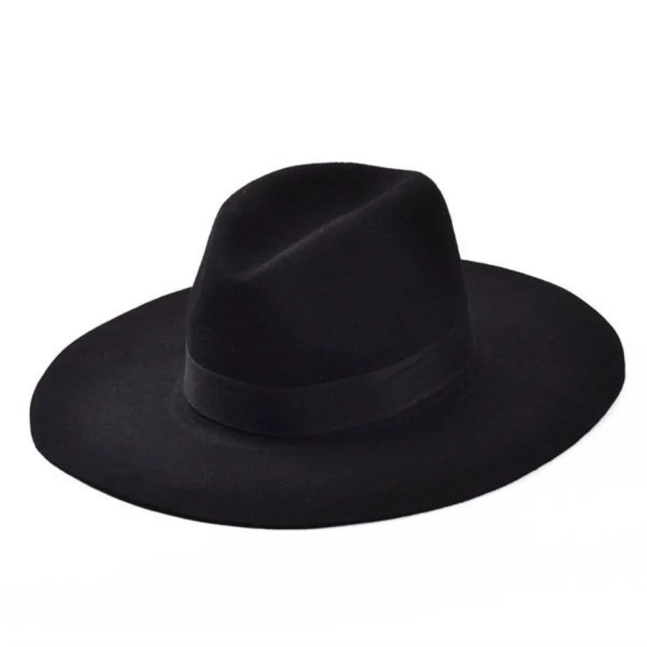 Whole-Fashion Vintage Lady Girls Girl Wool Feel Fedora Hat Black Floppy Cowboy Hat for Men and Women Shippin289h