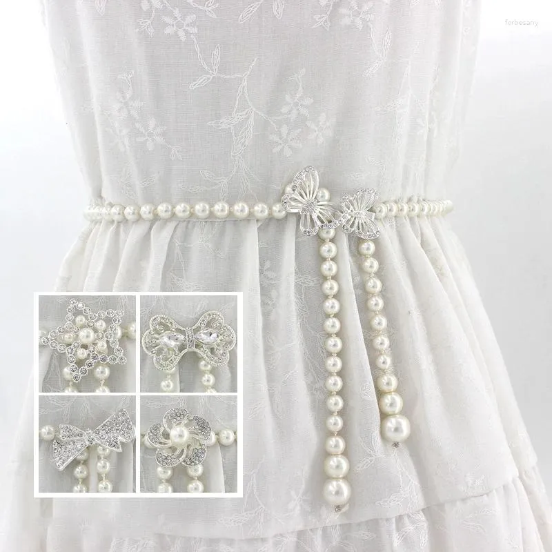 Cintos 1 PC Mulheres PearlChain Cinto Strass Borboleta Fivela Cintura Elegante Pérola Frisada Cintura Longa Vestido Decorativo