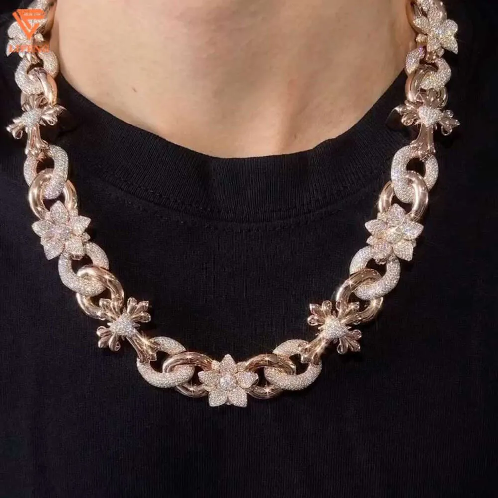 Lifeng Jewelry-Cadena de eslabones cubanos de moissanita Vvs personalizada, collar de flores chapado en oro rosa con cruz de Plata de Ley 925