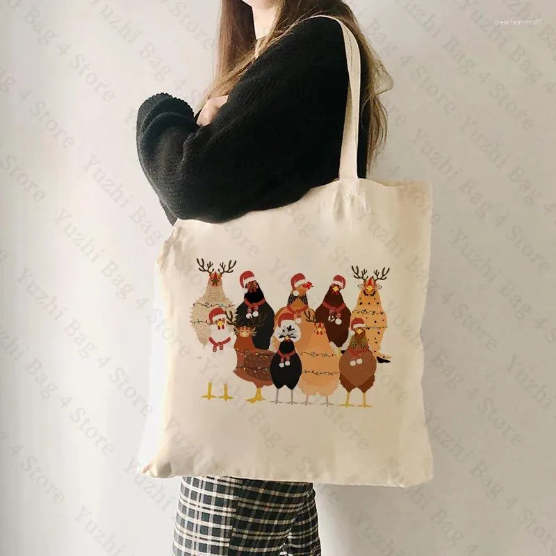 Shopping Bags Merry Christmas Funny Pattern Canvas Tote Bag Santa Chicken Elements Graphics Gift For Xmas