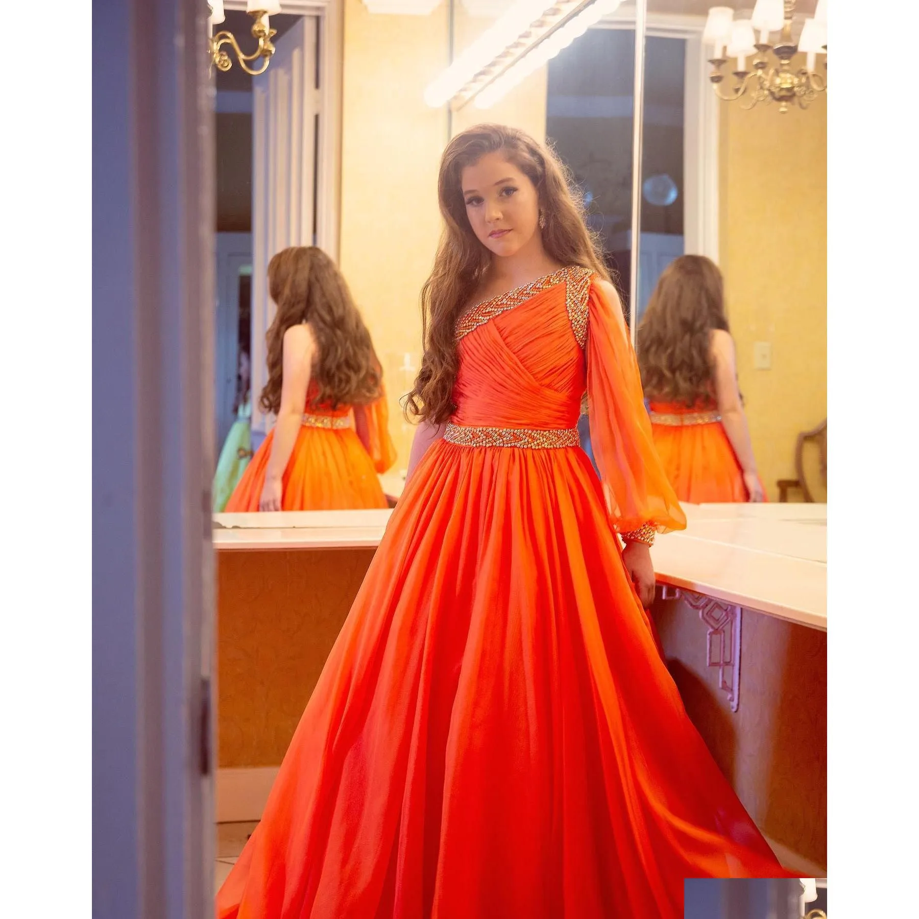 Girl'S Pageant Dresses Little Miss Dress For Teens Juniors Toddlers Infant 2021 Long-Sleeve Orange Chiffon Long Girls Prom Gown Form Dhuzp