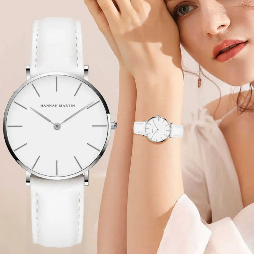 Hannah Martin Casual Ladies zegarek ze skórzanym paskiem Wodoodporne kobiety zegarki Srebrny kwarcowy zegarek na nadgarstek White Relogio feminino 210218o