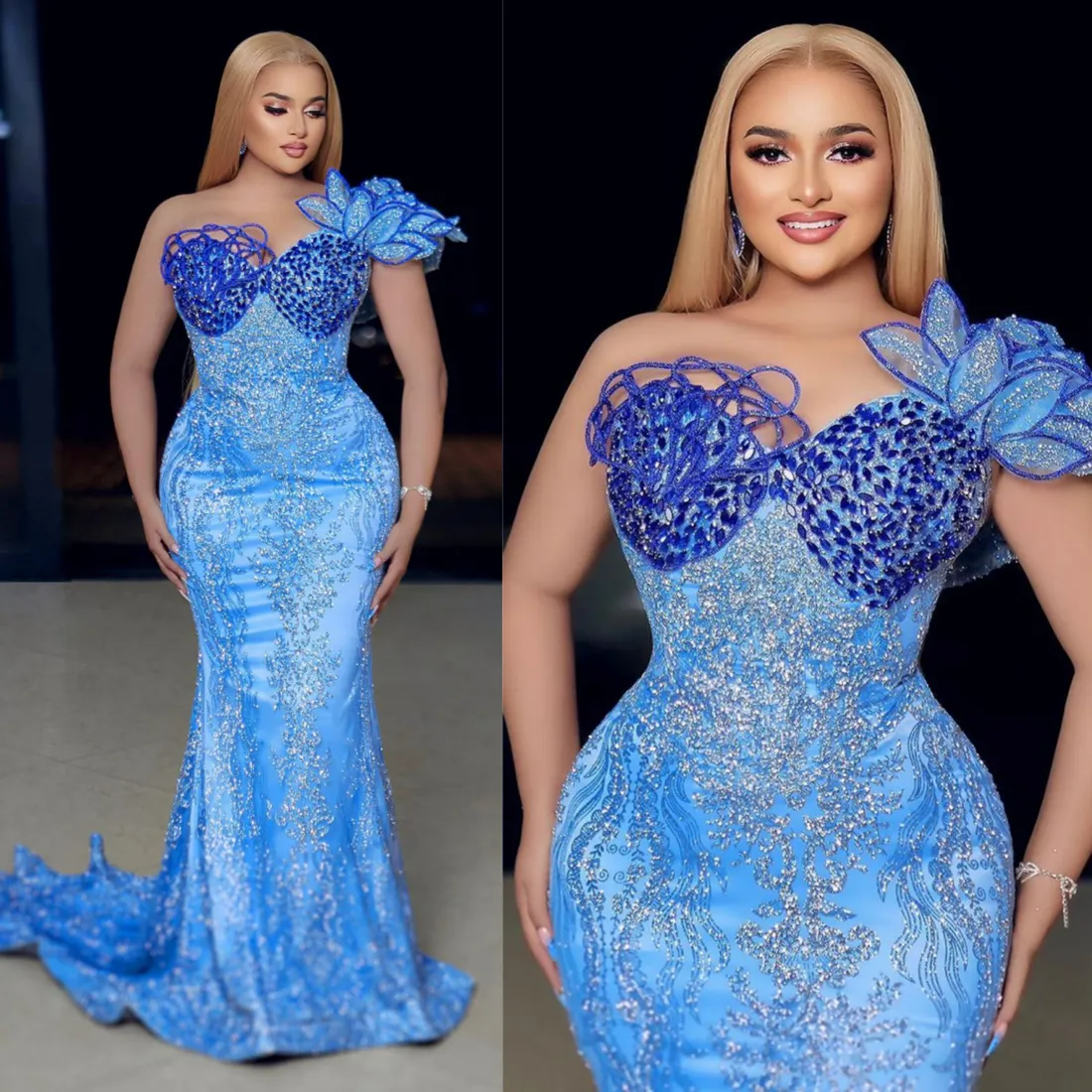 Africano Nigéria Plus Size Vestidos de Baile para Ocasiões Especiais Luz Azul Sereia Vestidos Formais de Renda Strass Decorado Vestido de Noivado de Aniversário NL585