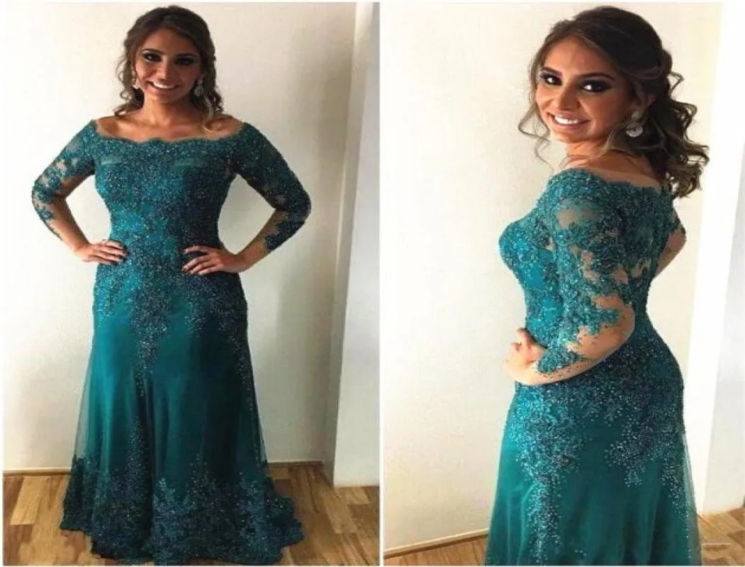 Turquoise mère de la robe de mariée à manches longues hors épaule perles dentelle sirène robe d'invité de mariage robes de soirée spécial Occasio2237240