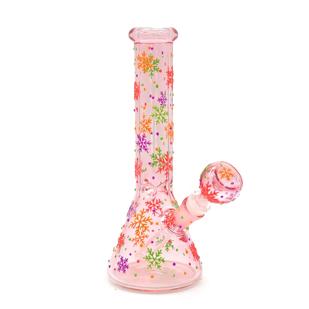 10in,Borosilicate Glass Water Pipe,Pink Glass Bottle With Colorful Luminous Snowflake,Glow In Dark,Cute Cartoon Glass Bongs,Glass Hookah,Hand Painted
