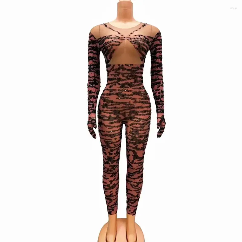 Stadiumkleding sexy luipaard zwarte strass jumpsuit verjaardag vieren dans stretch outfit prom zanger bodysuit Poshoot collectie