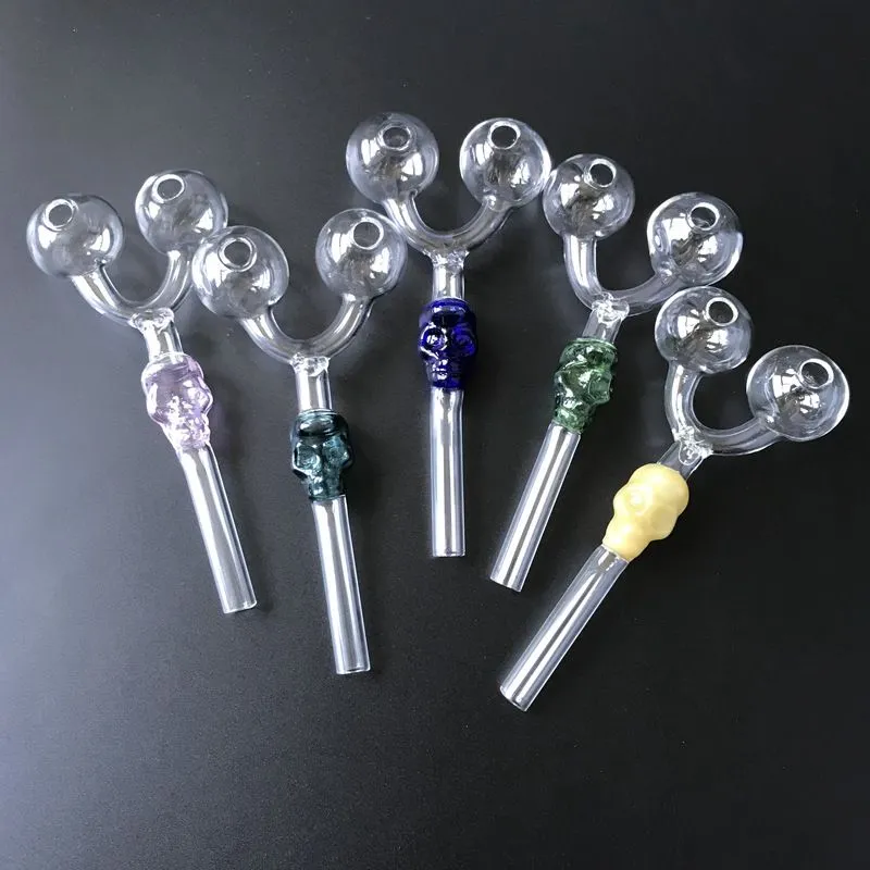 Double Skull Glass Pipes Two Head Glass Pyrex Oil Burner Pipes Colorful Smoking Tobacco Pipes SW29