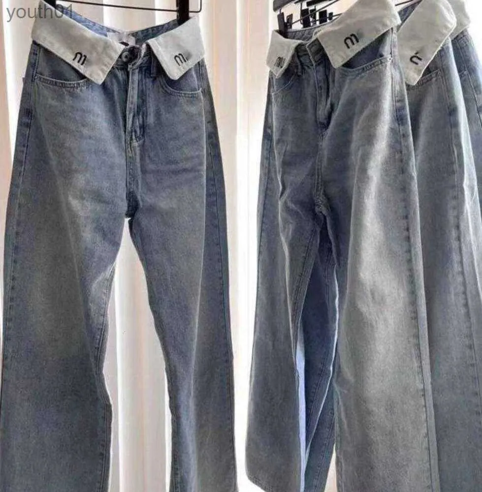 Damesjeans Jeans met rechte pijpen en lage taille Miu Roll-taille Borduurontwerperbroek Ziet er dun uit en bedekt je heupen undefined 240304