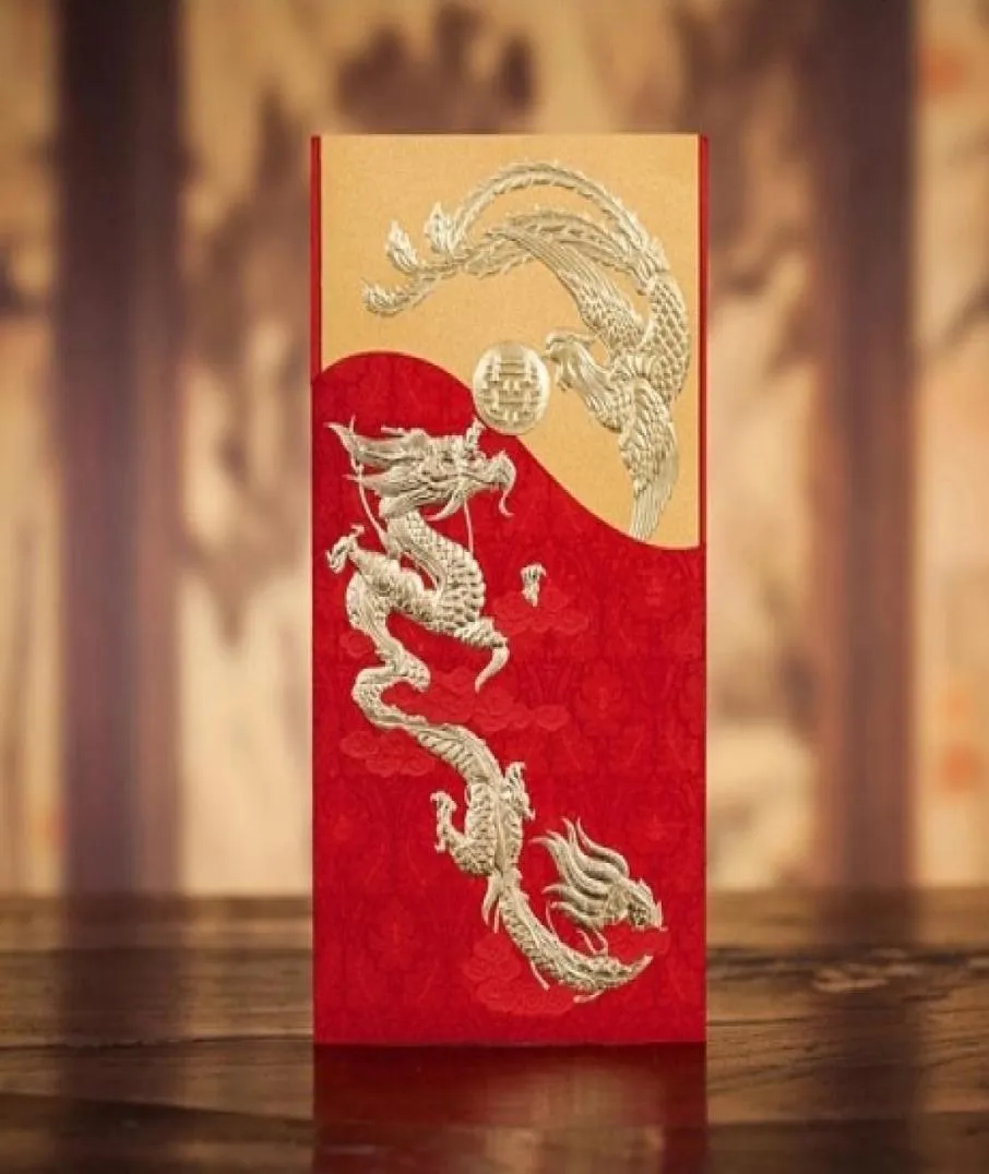 Chinese stijl rode huwelijksuitnodigingen met Dragon Phoenix blanco binnenblad Invitations1773828