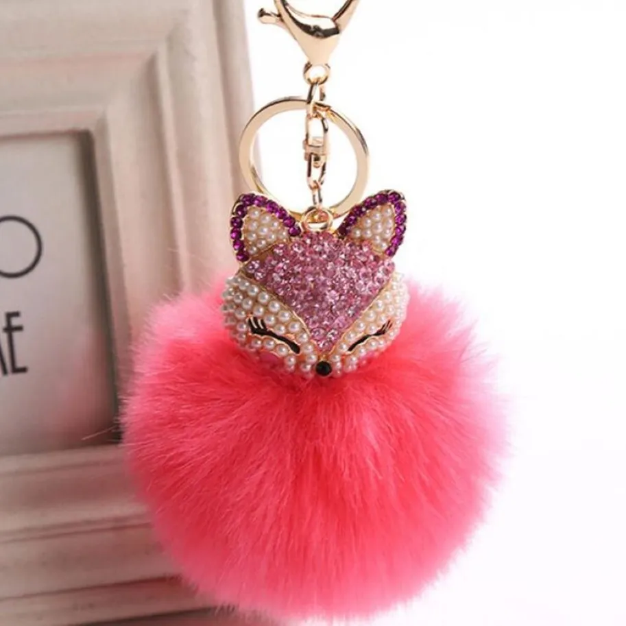 Winter Faux Rabbit Päls Ball Keychain med Rhinestone Fox Head Keyring Pompom Fluffy Key Chains Crystal for Women312p