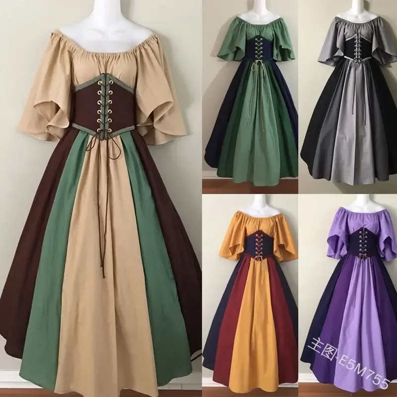 Jurk Damesmode Renaissance Victoriaanse jurk Korte mouw Patchwork Baljurken Vampierjurk Historische fase Middeleeuwse maxi-jurk