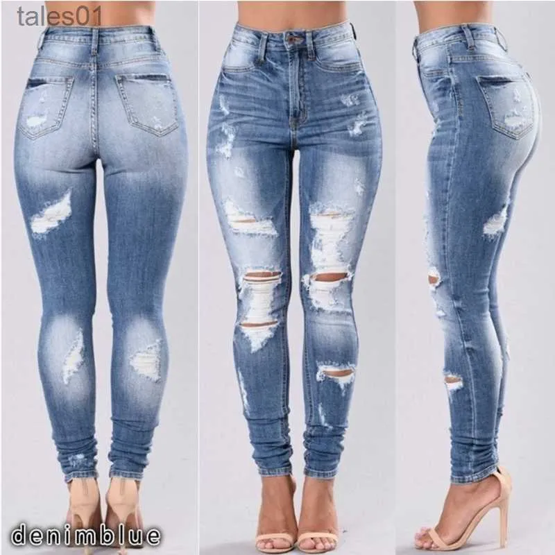 Damesjeans mode potlood denim broek gewassen jeans stretch midden taille gat jeans uitgehold S-3XL 240304