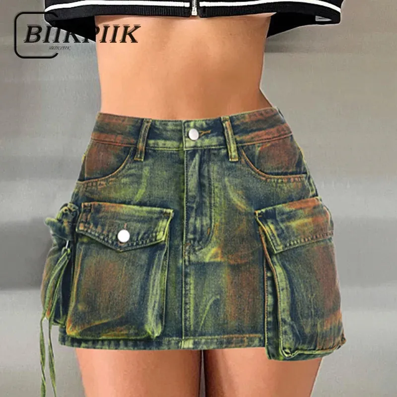 BIIKPIIK Women Asymmetrical Pockets Denim Skirts Sexy Fashion High Waist Skirts Female Clubwear Concise Y2K All-match Outfits 240222