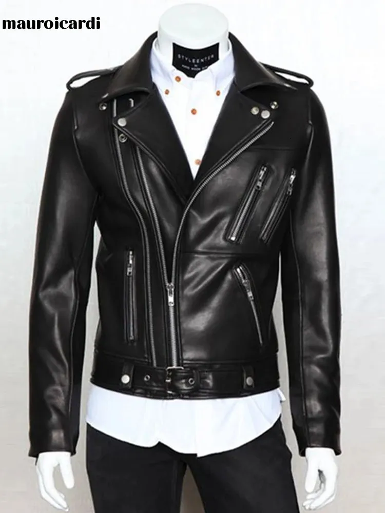 Mauroicardi Spring Autumn Cool Black Soft Faux Leather Jacket Män med många dragkedjor långärmad bälte plus storlek ytterkläder 240301