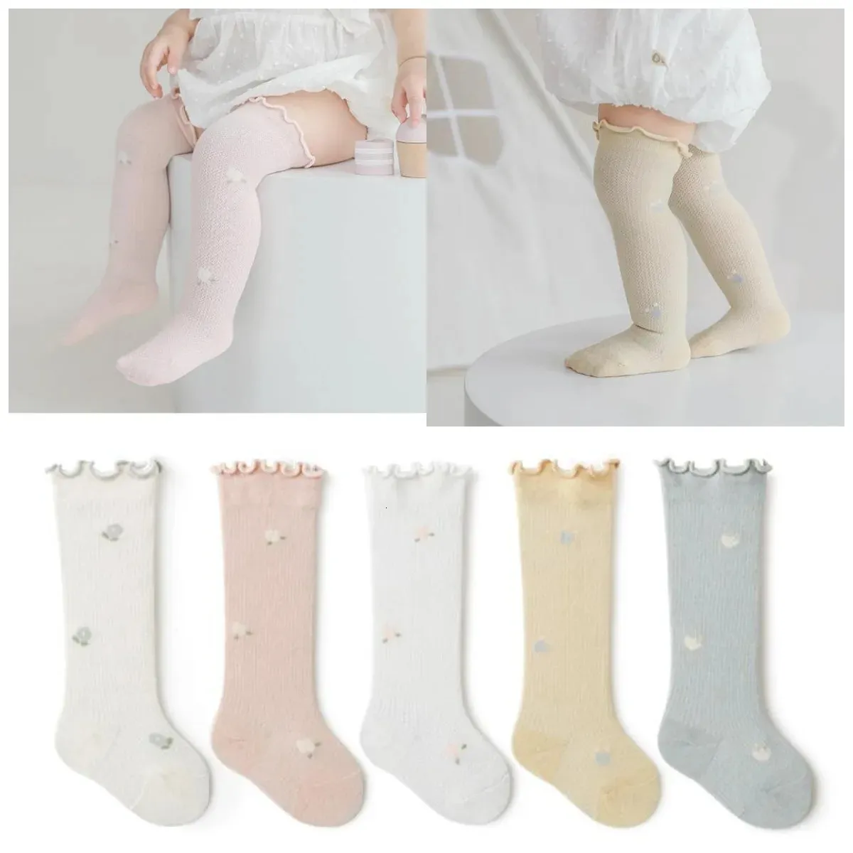 4 paires doux mignon enfants genou chaussettes hautes bébé garçons filles coton maille respirant doux chaussettes né infantile longues chaussettes costume pour 0-3Y 240226