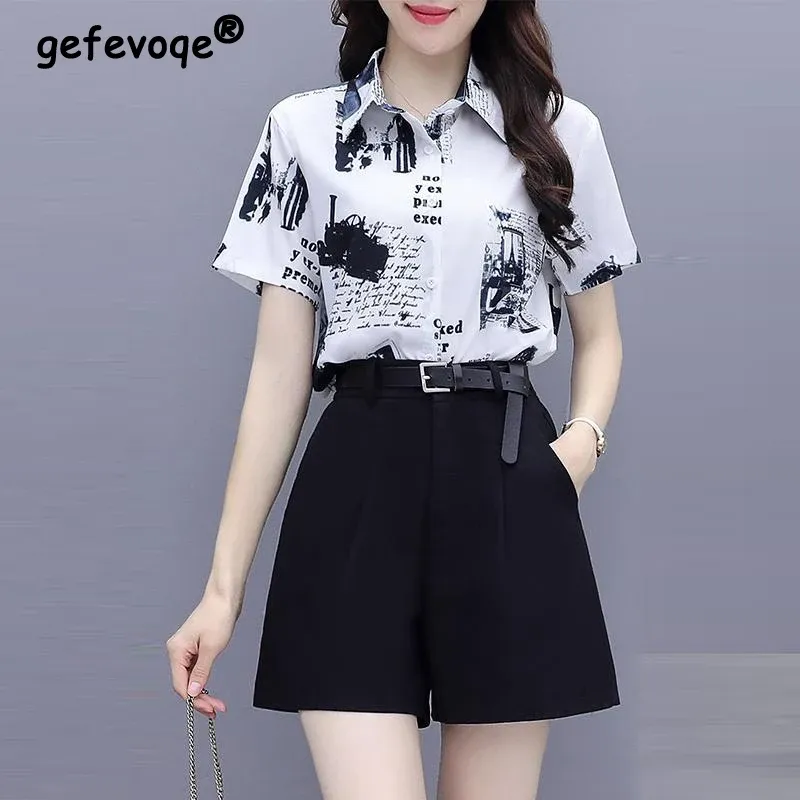 Shirt Dameskleding Zomer Trendy Vintage Print Button Up Shirt Y2K Revers Korte Mouw Blouse Street chic Alle Match Tops Blusas