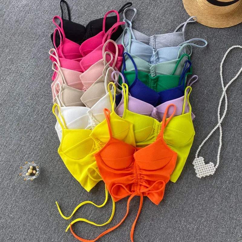 Camis Sexy Crop Top Women Summer Allmatch Candy Kolor Ccheming Dripstring Kamizel pępka Kobiety 2022 Tassel krótki zbiornik TEE BRA Kobieta Y2K