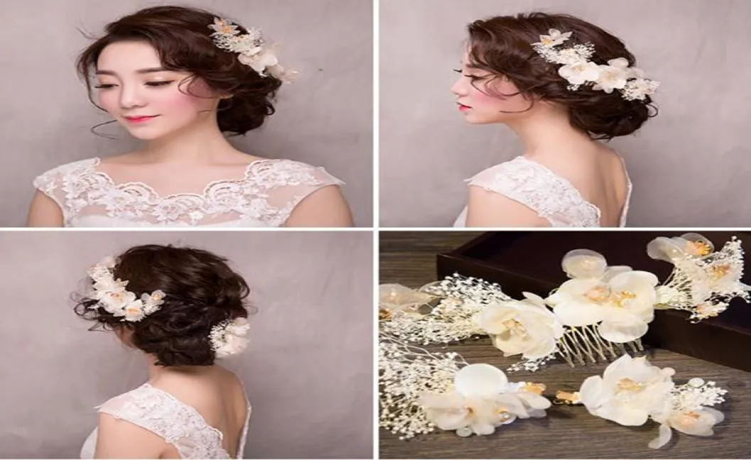 Korea Bridal Hair Combs Clips Girls Witte Bloem Haarbanden Bruiloft Veil Haar kam Vrouwen Draai Banquet Headpieces Hoofdtooi Haar AC5139213