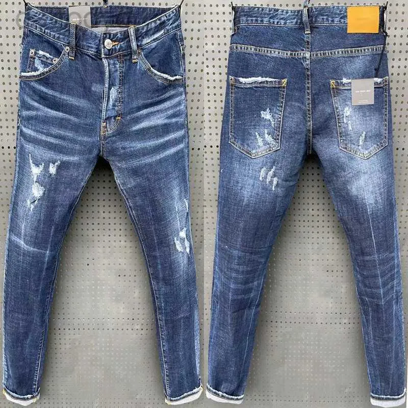Jeans masculinos mens jeans azul buraco rasgado calças moda itália estilo skinny denim calça motociclista motocicleta rock revival calças 240305