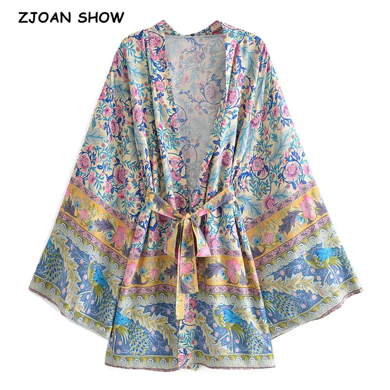 Shirt 2021 Bohemen Vrouwen Pauw Vogel Bloemenprint Kimono Shirt Vakantie Strand Stropdas Strik Sjerpen Half Lang Vest Zomerblouse BOHO Tops