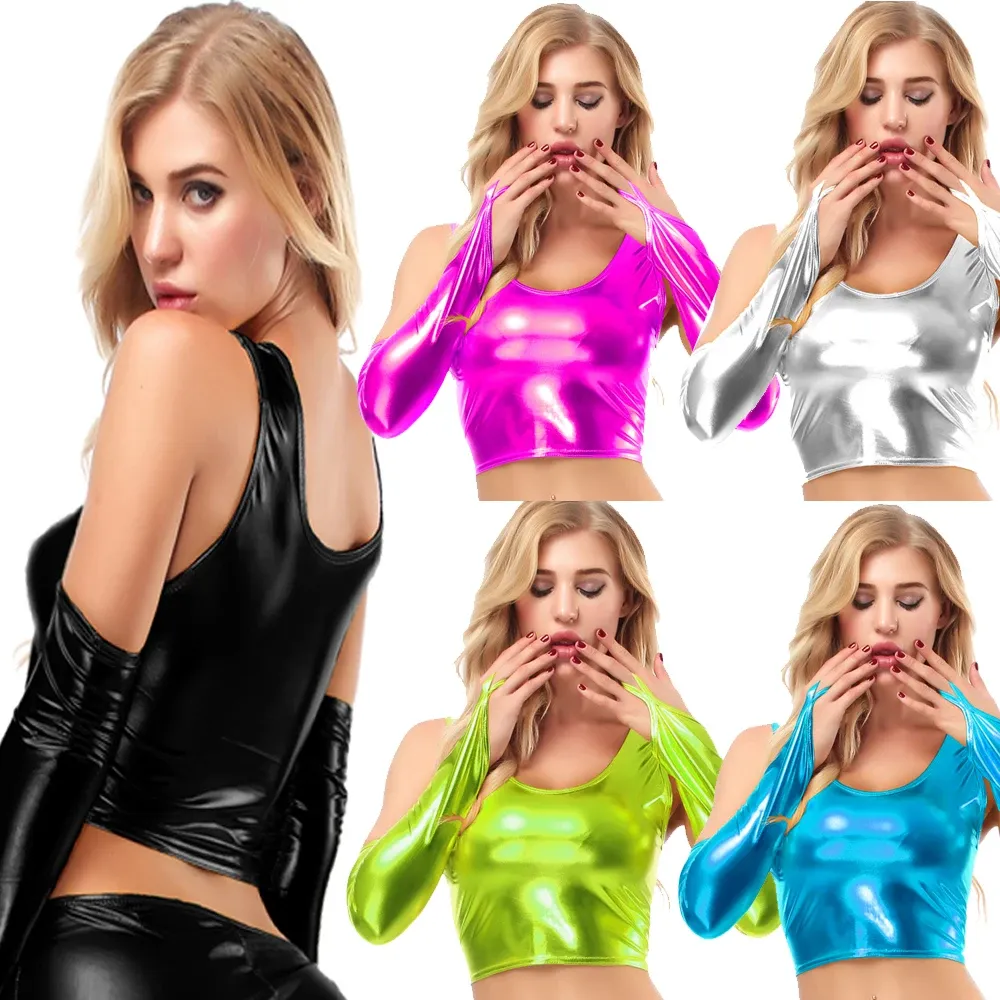 Maillots de bain Pu Métallisé Brillant Cuir Halter À Lacets Taille Haute Bikini Tunique Chemise Latex Wetlook Été Débardeur Crop Top Soutien-Gorge + Gants Femmes