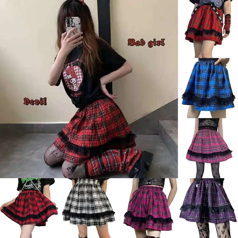 skirt Lady Plaid Mini jupes plissées dentelle gothique mode coréenne Lolita Y2k fille jupe japonaise Sexy Midi été Cool doux vêtements