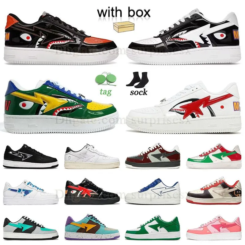 with box shark black white casual shoes sk8 sta block shark black orange green mens women sneakers schuhe abc camo combo pink patent leather a bathe ape platform shoes