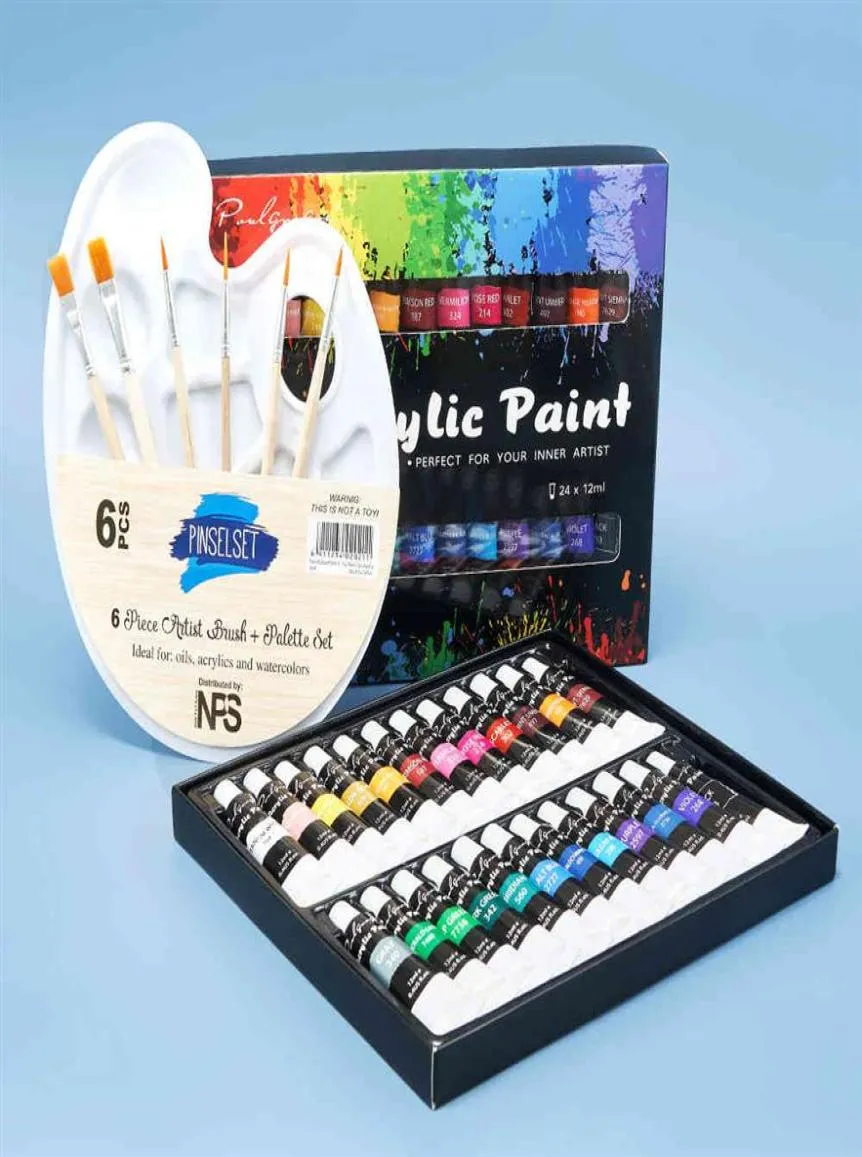 Acrylverf Set Met Borstel 24 Kleuren 12 ml voor Stoffen Kleding Pigmenten Kunstbenodigdheden Professionele Kunstenaar Painting187R2116557