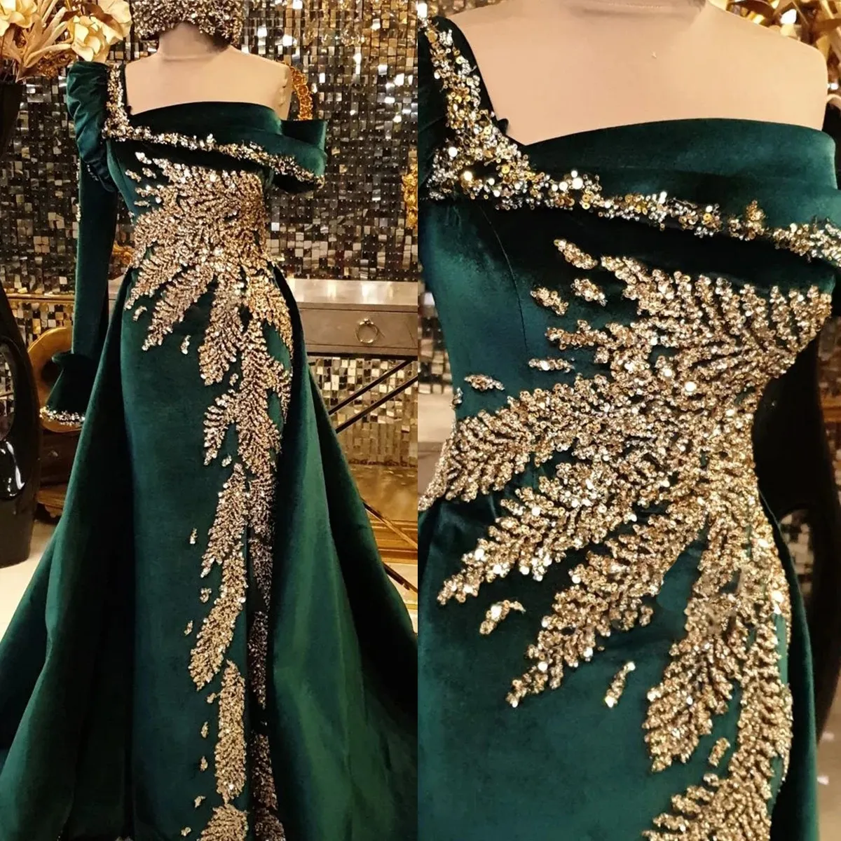 Sparkly Green paljetter Mermaid Prom Dresses For Black Girls Off Shoulder Court Train Party Evening Gown Robes De Bal Custom Made