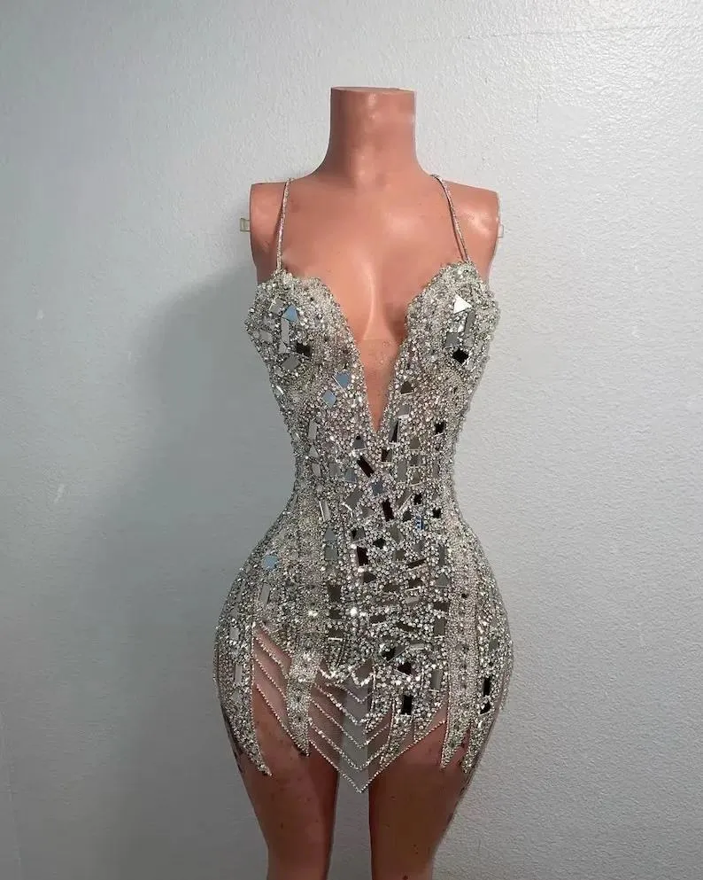 Party Dresses Silver Halter Diamond African Cocktail Sexig Birthday Short Prom Black Girls Mini Homecoming