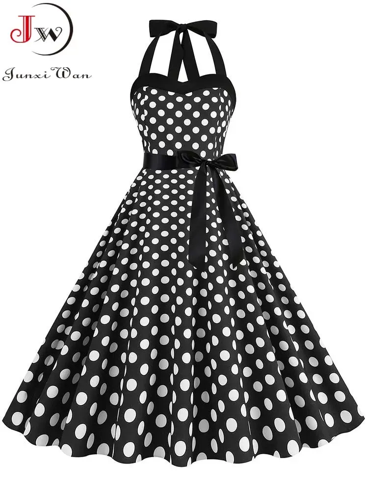 Klänning halter pinup vintage klänning 50s 60s kvinnor polka dot casual swing sommarfestklänningar med bälte